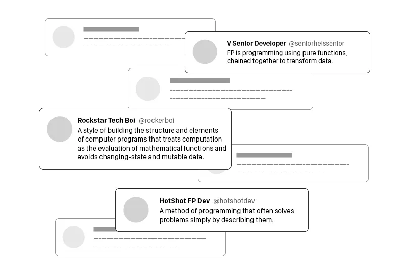 An illustration showcasing a functional programming snobs explaining what functional programming is using very high level jargon