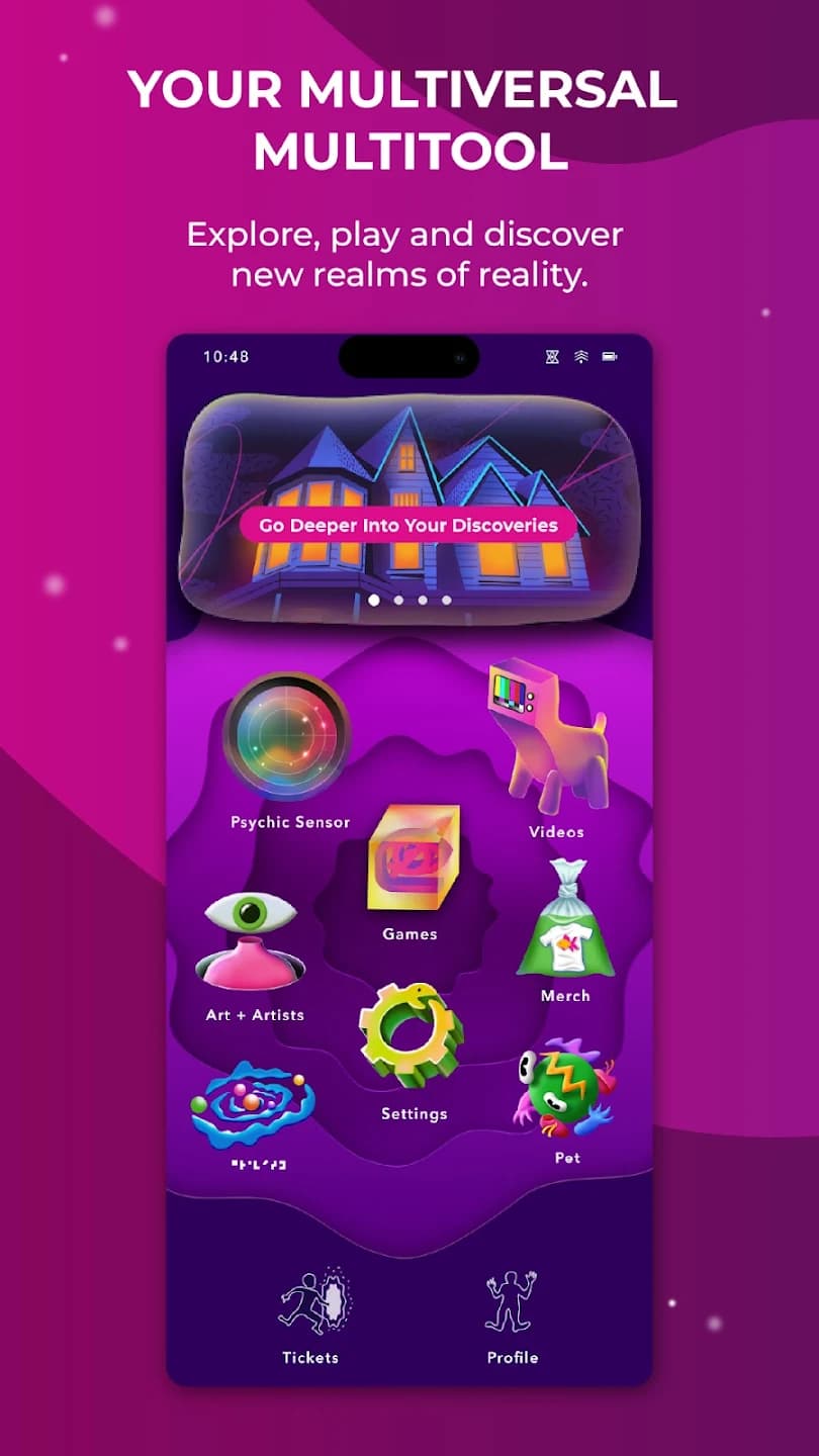 A vibrant app interface with a purple background displays various colorful icons, including a psychic sensor, videos, games, and a pet.