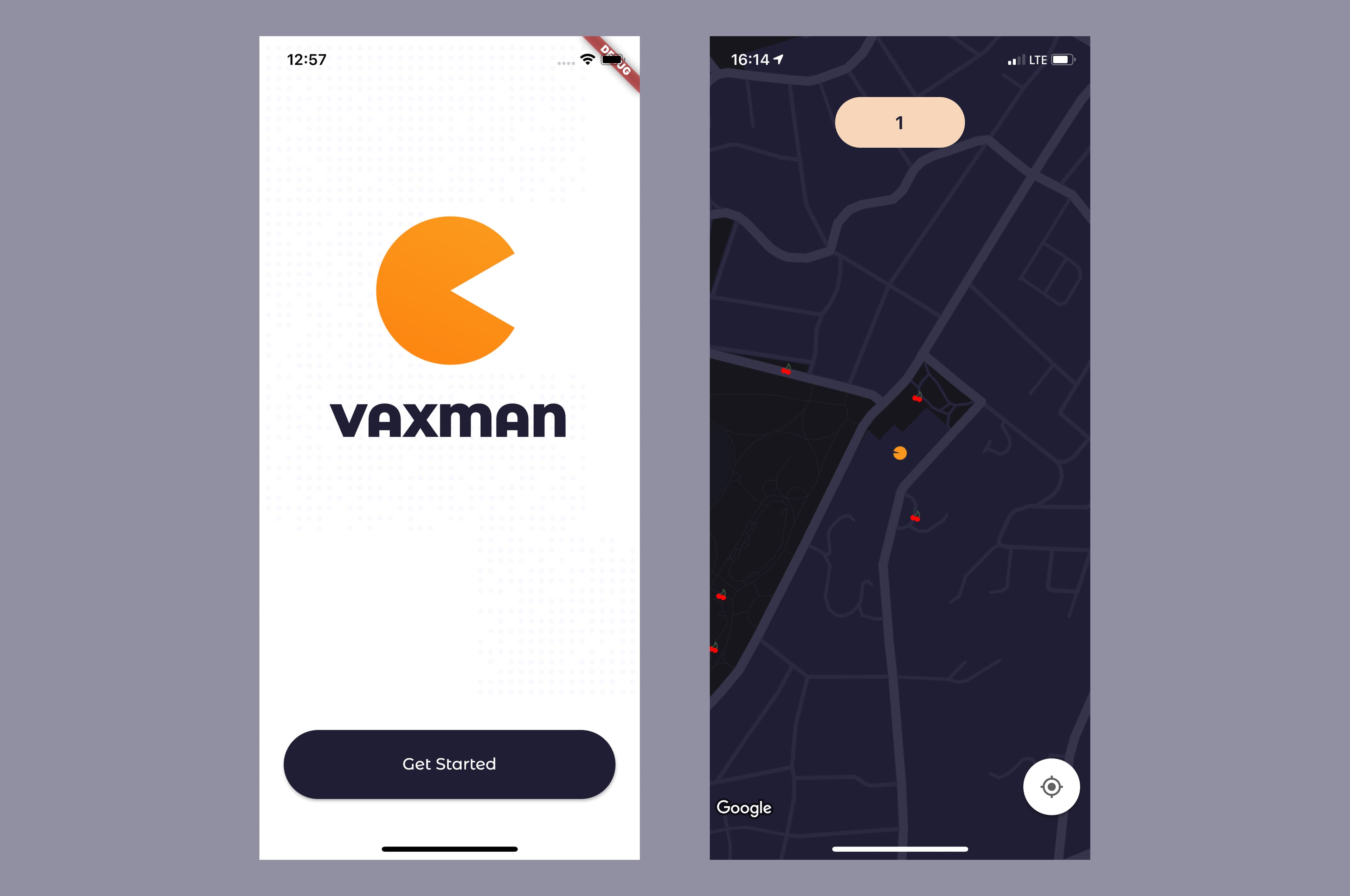 Two screenshots of the Vaxman app. The left screen displays the app's logo featuring a Pac-Man-like character and the text VAXMAN along with a Get Started button. The right screen shows a map interface with a Vax-Man character represented as a yellow dot collecting red berries at various locations. The app encourages users to explore their surroundings and earn points while promoting safe reentry into public spaces after COVID-19.