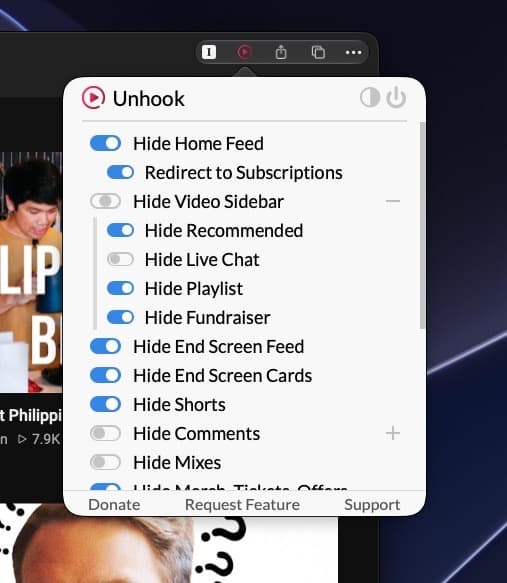 Unhook extension settings for hiding YouTube recommendations, Shorts, and other distractions.