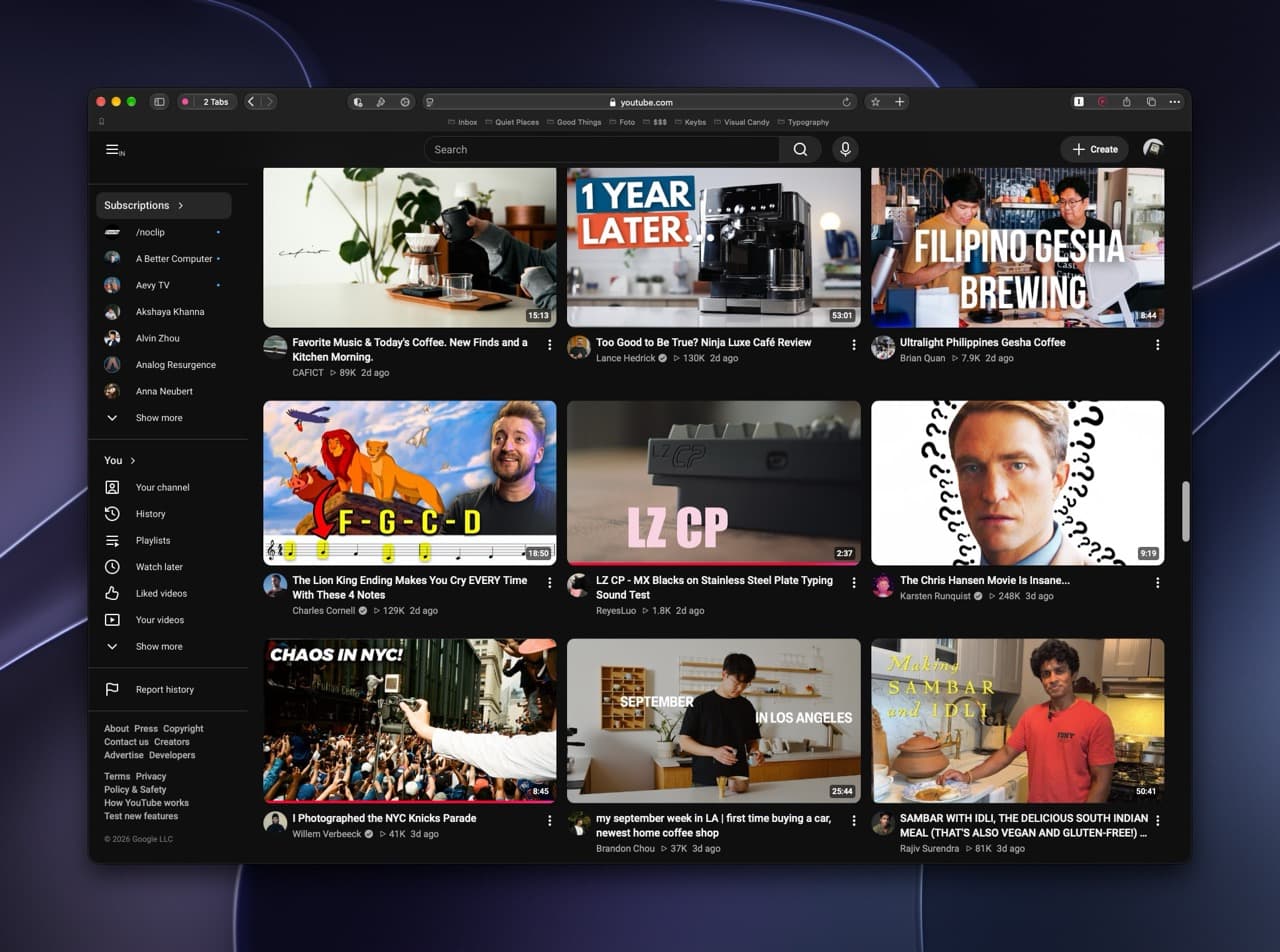 YouTube subscriptions page showing a finite grid of recent uploads, without a recommendation feed.