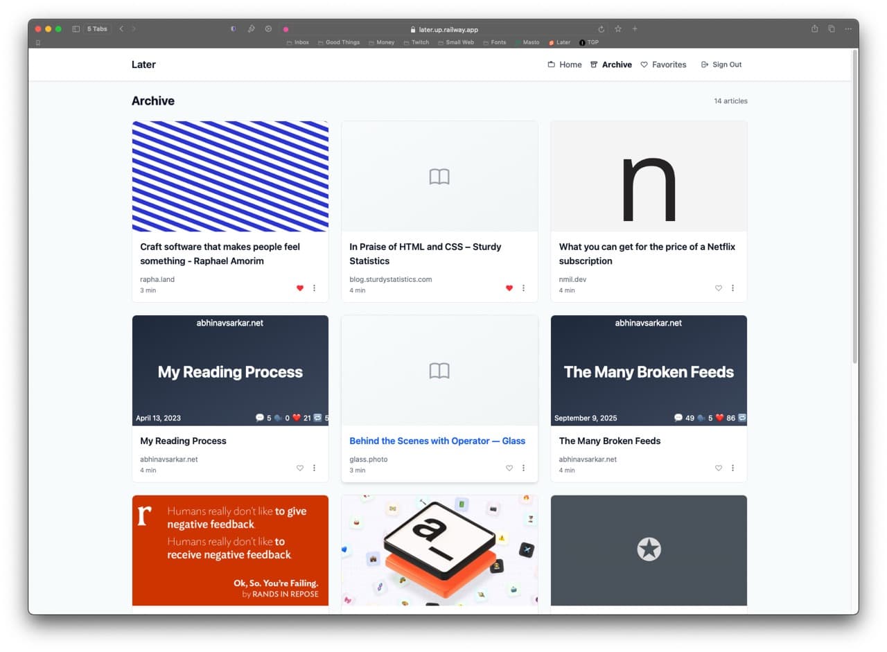 Later app Archive showing grid of 14 saved articles and blog posts