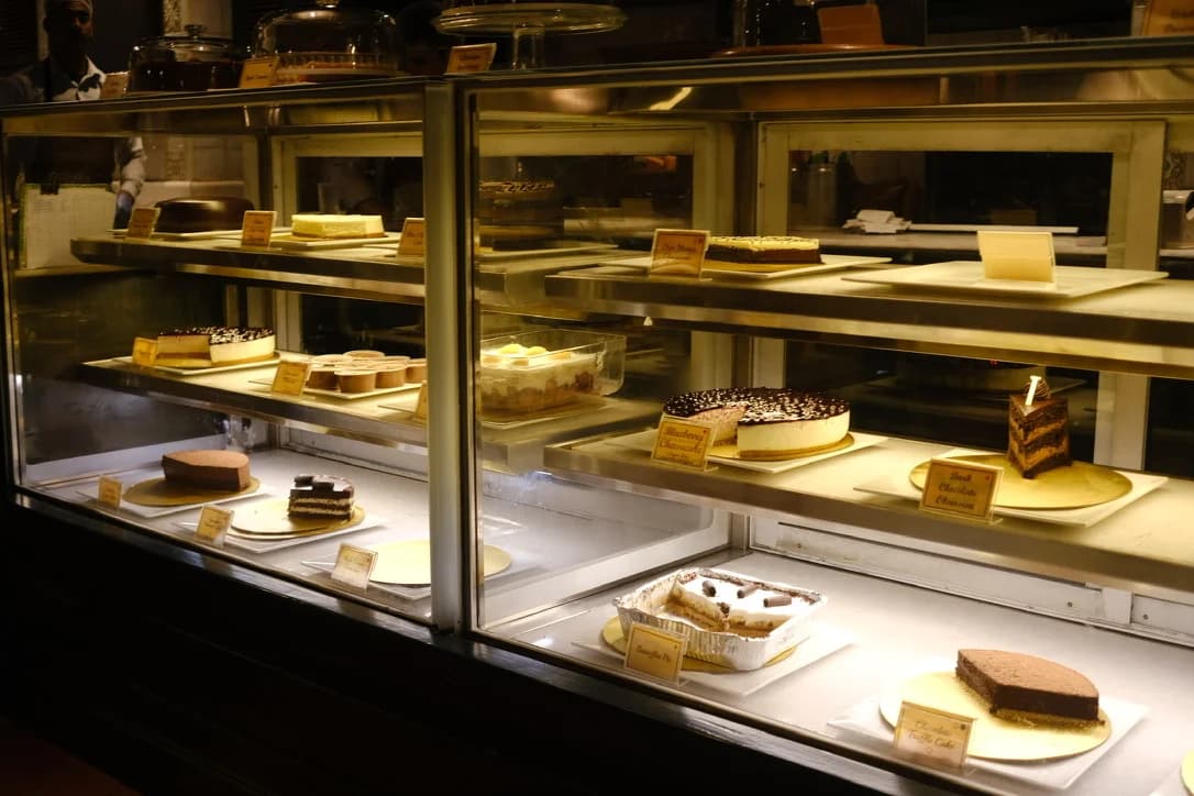 Tasty desserts displayed at a cafรฉ