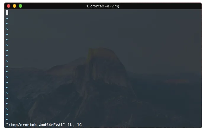 Terminal window showing the result of running the `crontab -e` command