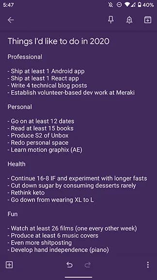 List of goals for 2020