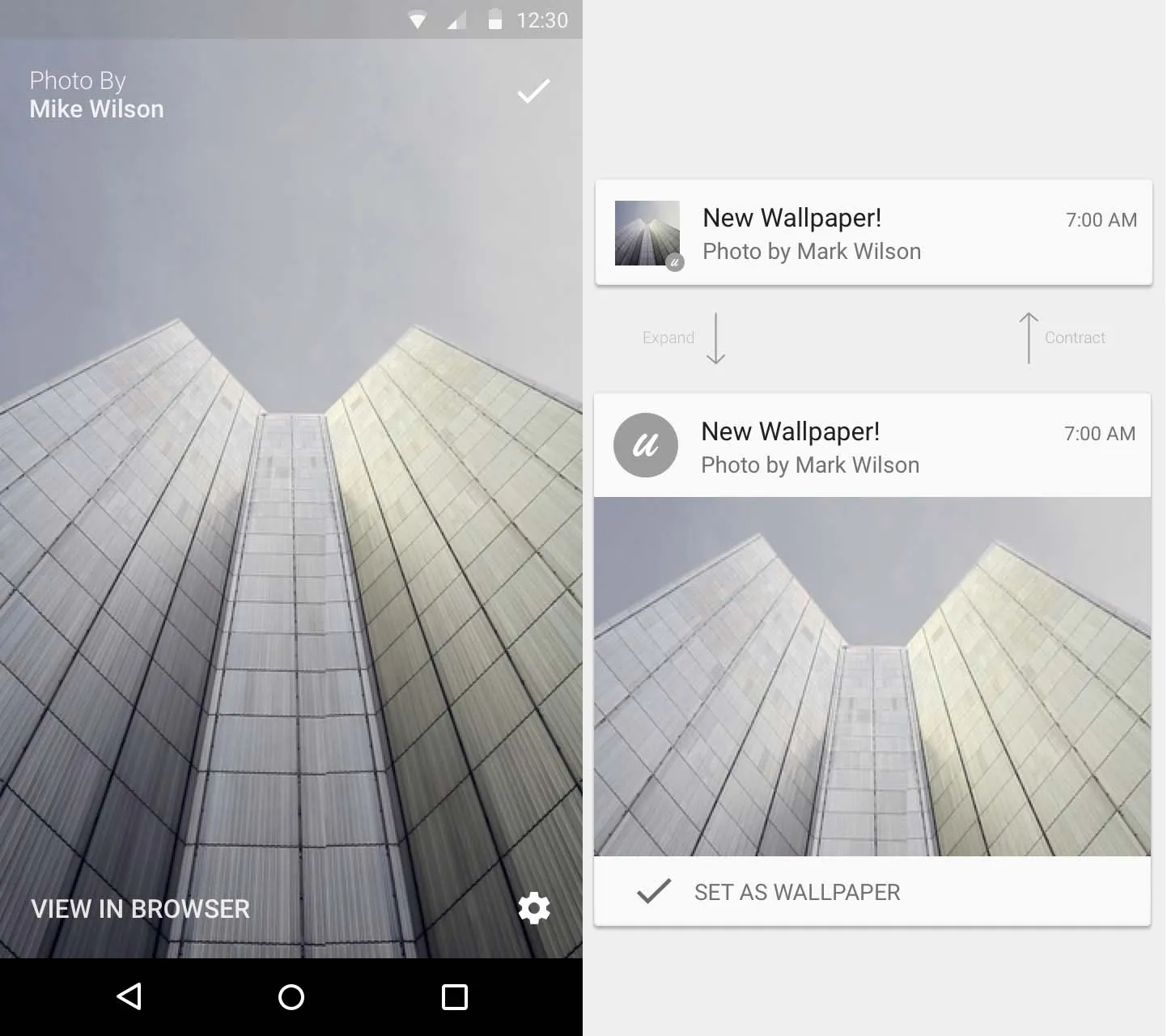App design for Uttam: Main screen (left), notification (right)
